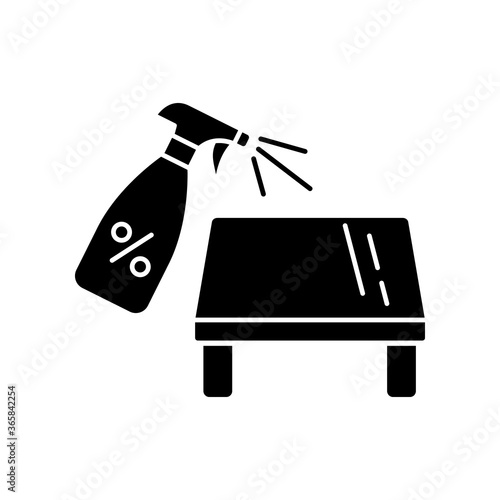 Tabletop cleaning black glyph icon. Furniture disinfection, surface cleaning silhouette symbol on white space. Housekeeping chores. Table and sanitizer spray bottle vector isolated illustration