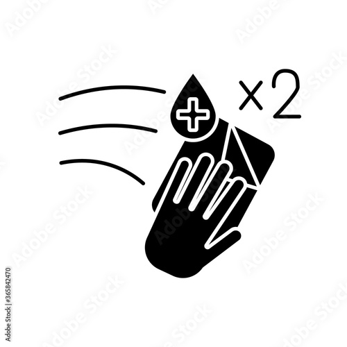 Wipe twice rule black glyph icon. Disinfection method, surface cleaning guidance, hygiene silhouette symbol on white space. Antibacterial tissue, antiseptic napkin vector isolated illustration