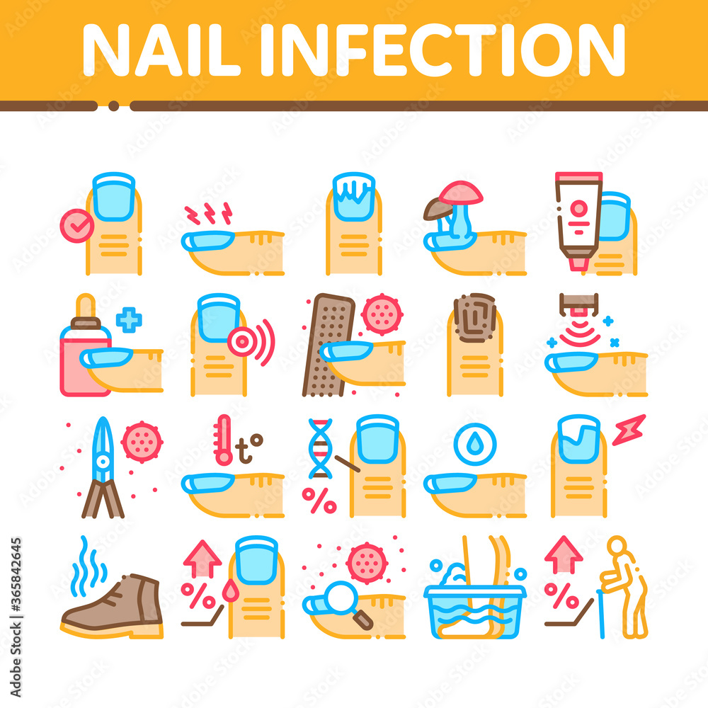 Nail Infection Disease Collection Icons Set Vector. Nail Infection And