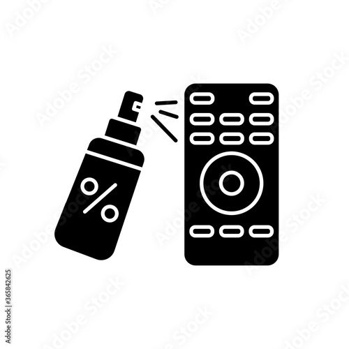 Remote control disinfection black glyph icon. Surface cleaning, domestic hygiene silhouette symbol on white space. Microbe protection. Hand held device and antiseptic vector isolated illustration