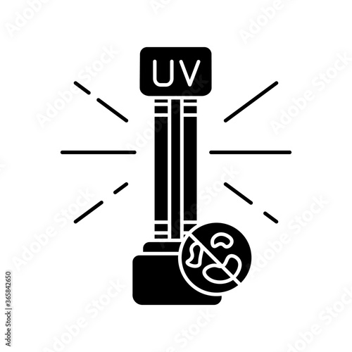 UV light disinfection black glyph icon. Ultraviolet germicidal irradiation silhouette symbol on white space. Surface cleaning, medical decontamination procedure. UV lamp vector isolated illustration