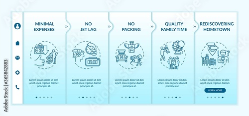 Staycationing advantages onboarding vector template. Quality family time. Rediscovering hometown. Responsive mobile website with icons. Webpage walkthrough step screens. RGB color concept