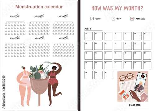 Set of cute vector trackers for women. Menstruation calendar with menstrual cup, flowers and girls in underwear and mood tracker for the month with flat illustration on the topic of mental health.
