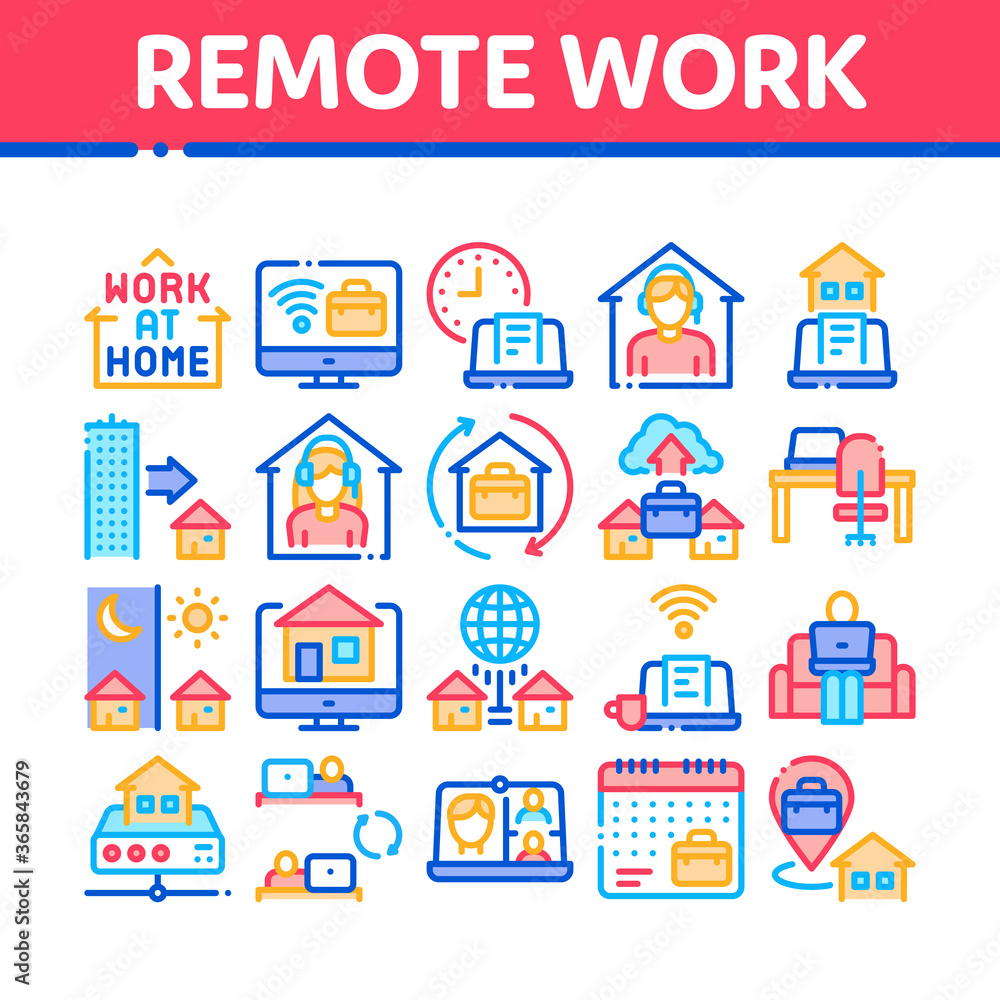 Remote Work Freelance Collection Icons Set Vector. Work At Home, Internet Job And Online Consultation Operator, Teleworking And Conference Concept Linear Pictograms. Color Contour Illustrations Remote Work Freelance Collection Icons Set Vector. Work At Home, Internet Job And Online Consultation Operator, Teleworking And Conference Concept Linear Pictograms. Color Contour Illustrations