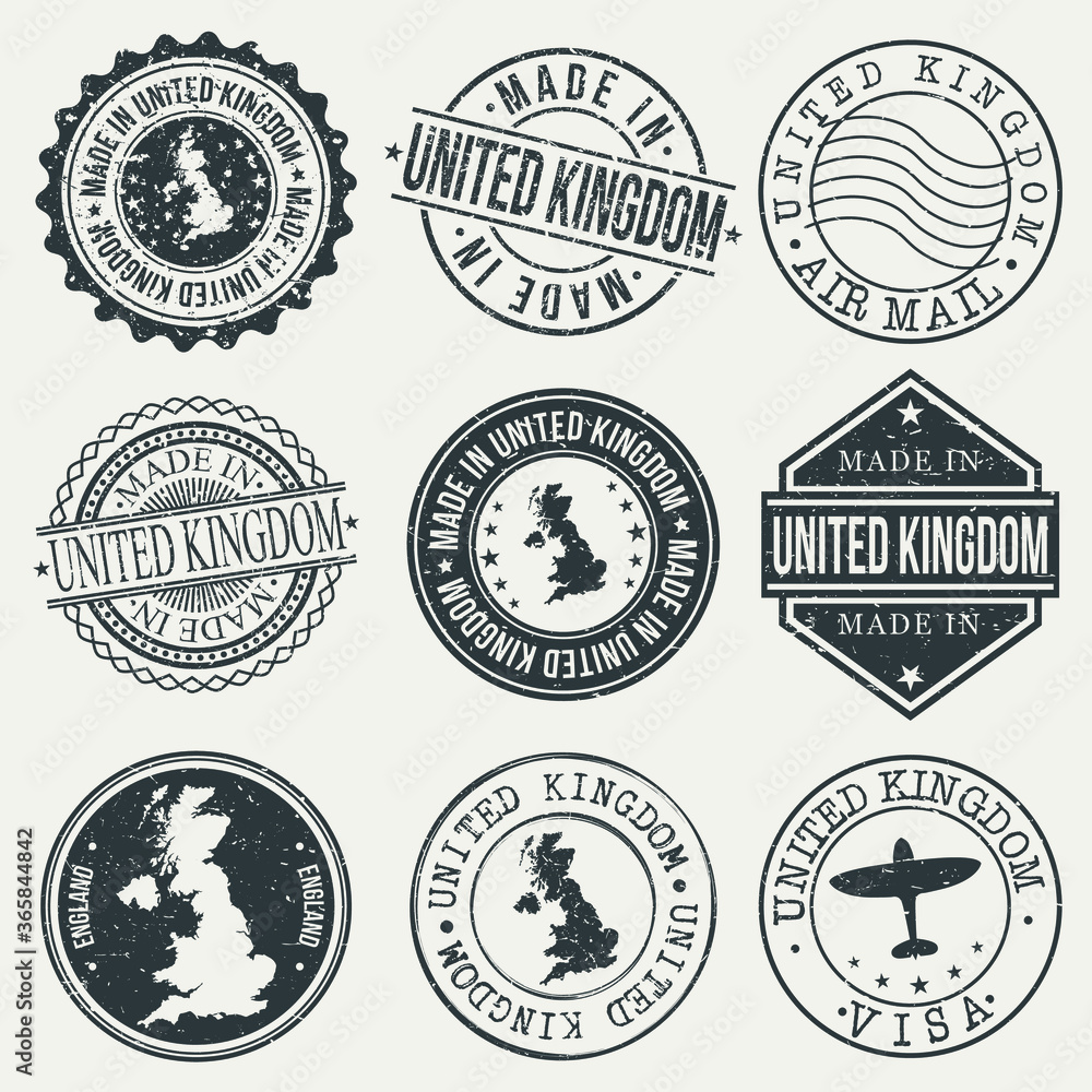 United Kingdom Set of Stamps. Travel Stamp. Made In Product. Design Seals Old Style Insignia.
