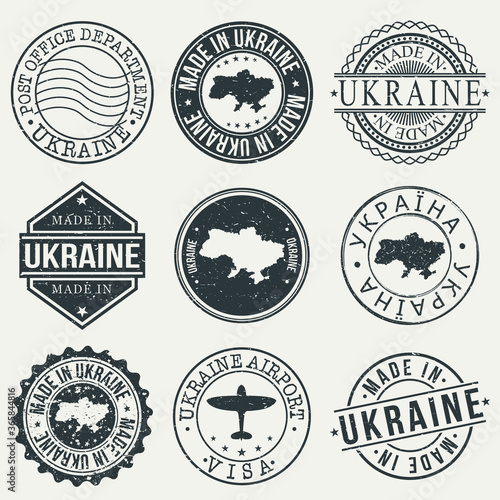 Ukraine Set of Stamps. Travel Stamp. Made In Product. Design Seals Old Style Insignia.