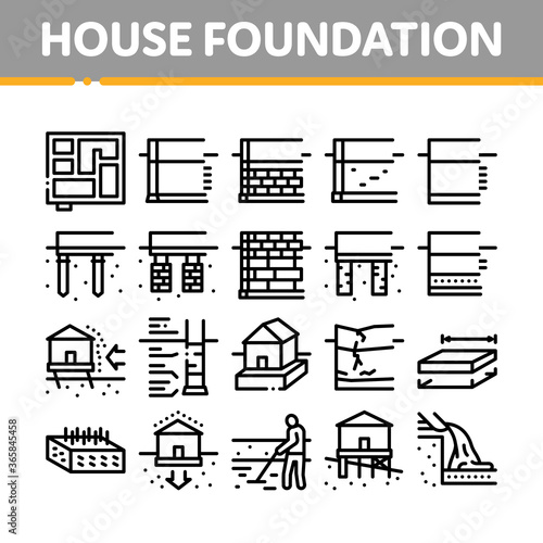 House Foundation Base Collection Icons Set Vector. Concrete And Brick Building Foundation, Broken And Rickety Basement, Plan And Size Concept Linear Pictograms. Contour Illustrations