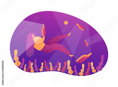 Vector illustration girl reading the book in weightlessness isolated on white background.