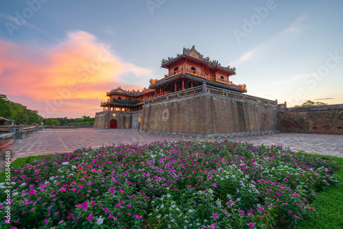 Ngo Mon gate - the main entrance of forbidden Hue Imperial City in Hue city, Vietnam, during sunset time