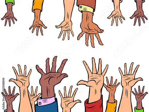 many hands reach out to each other
