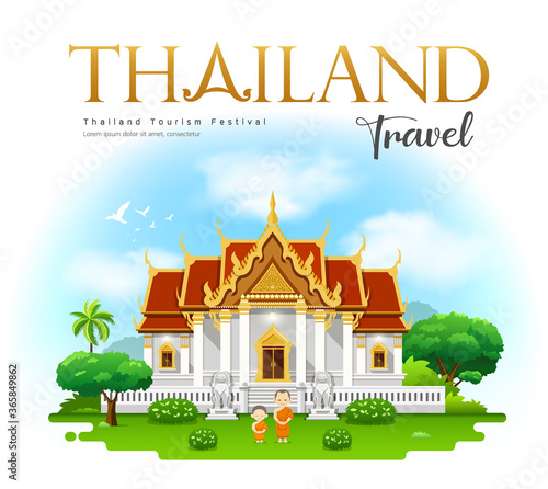 Thailand temple, Wat Benchamabophit, bangkok, Thailand travel with monk and novice design on cloud and sky background, vector illustration