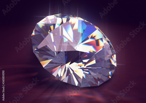 Shining diamond on a purple background close-up. 3d illustration