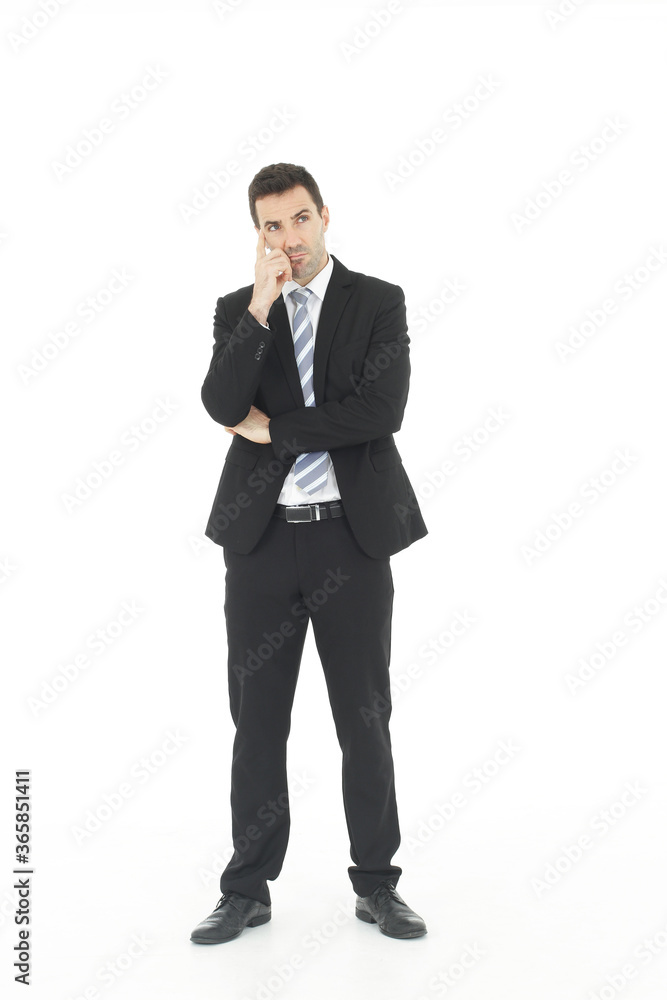Handsome and smart businessman in black suit Serious and hard thinking isolated on white background. Business and Finance concept. Copy Space Handsome and smart businessman in black suit Serious and hard thinking isolated on white background. Business and Finance concept. Copy Space