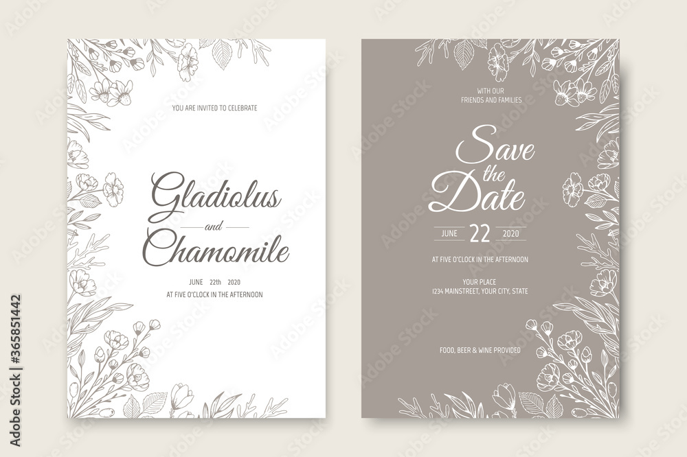 Wedding invitation card template design. Template, Frame with Flowers, Branches, Plants. Wedding invitation card template design. Template, Frame with Flowers, Branches, Plants.