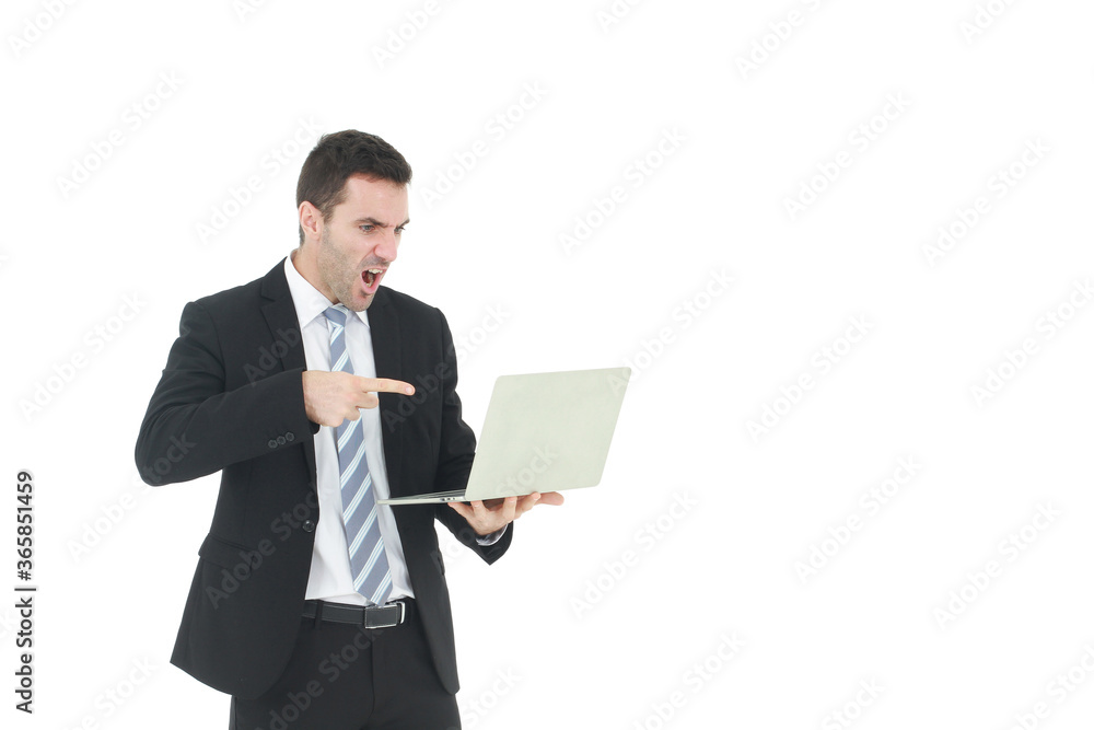 Handsome and smart businessman in black suit hand holding laptop and pretending to be happy and satisfy for sucessful in work isolated on white background. Handsome and smart businessman in black suit hand holding laptop and pretending to be happy and satisfy for sucessful in work isolated on white background.