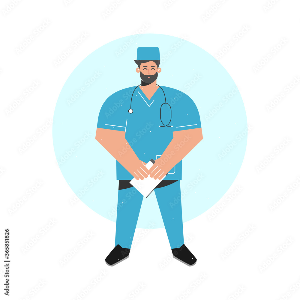 Vector isolated cartoon concept with doctor holding board folder for notes. Happy smiling nurse (man) is dressed in blue medical uniform with stethoscope. Modern line details in flat illustration Vector isolated cartoon concept with doctor holding board folder for notes. Happy smiling nurse (man) is dressed in blue medical uniform with stethoscope. Modern line details in flat illustration