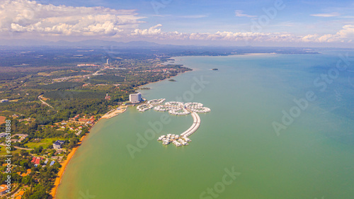 Aerial view of the Lexis Hibiscus Hotel Port Dickson. An overwater villa hotel, luxury accommodation with a private pool. A nice place for vacation. Off the Malaysia coast, in the strait of Malacca photo