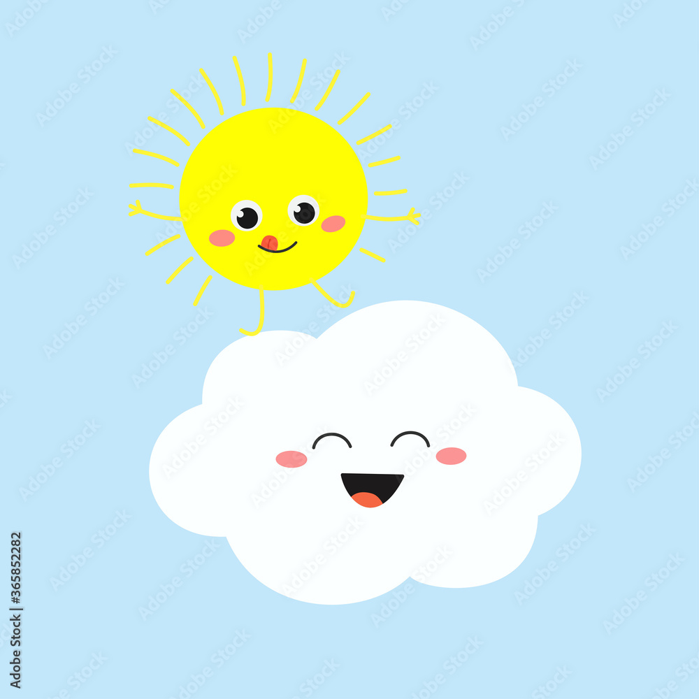 Funny sun standing on cute laughing cloud