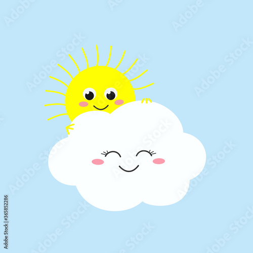Cute sun peeking from behind joyful cloud