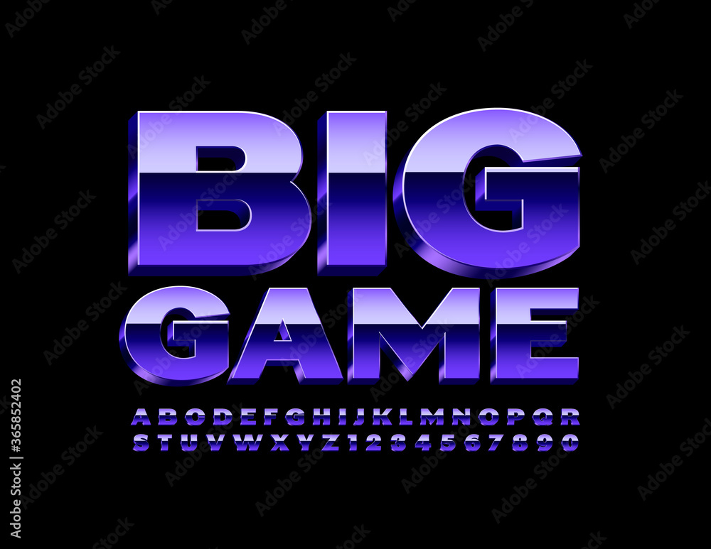 Vector violet banner Big Game. Bright Reflective Font. Metal 3D Alphabet Letters and Numbers Vector violet banner Big Game. Bright Reflective Font. Metal 3D Alphabet Letters and Numbers