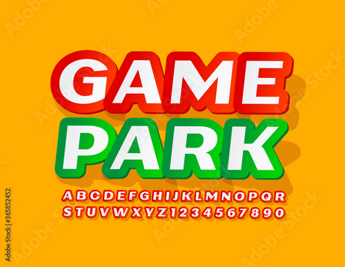 Vector bright logo Game Park. Sticker style Alphabet Letters and Numbers. Red and White creative Font