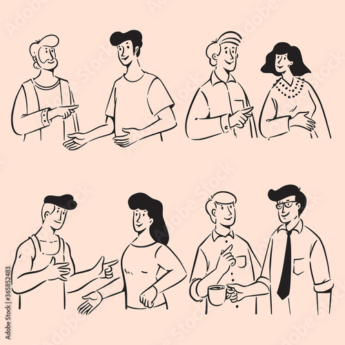 Group of people doodles in conversation. Hand-drawn cartoon vector illustration