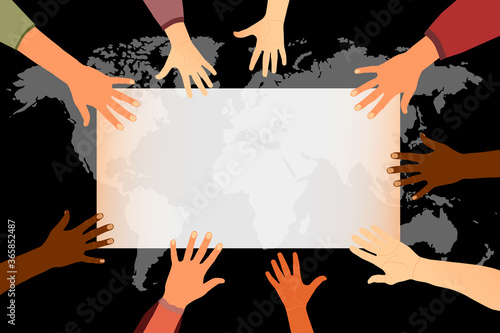 hands around the world. Poster. Elections, protests. World map on a black background. Vector illustration.