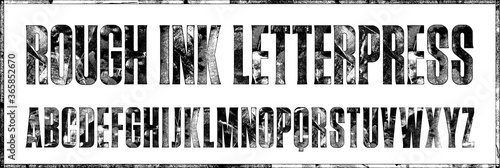 Rough Rolled Ink Letterpress Condensed Display Font. Works well at large sizes. Highly detailed individually textured characters with a really rough, wet rolled ink print texture. Unique design font