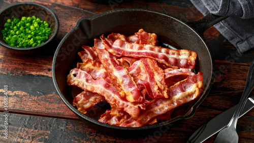 Photos Fried crunchy Streaky Bacon pieces in a cast iron skillet