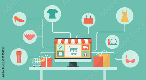 online shopping store on computer concept, women fashion products from e-shop, vector flat graphic illustration
