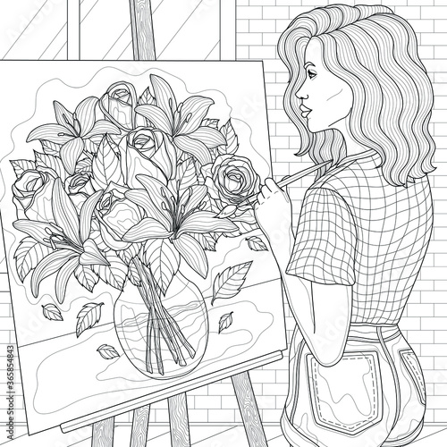 Girl draws a bouquet of flowers.
Antistress coloring book for adults and children.Illustration isolated on white background. Black and white drawing. Zentangle style.
