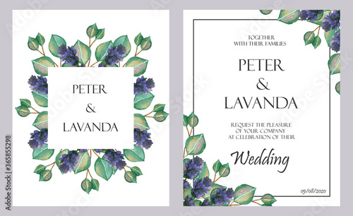Watercolor hand painted nature floral wedding two frames set with green eucalyptus leaves and purple lavender flower branch composition, names and text on the white background for invitation cards