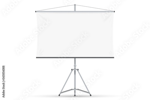Blank projection screen. Isolated empty white projection screen display on tripod. Vector education, visual presentation, business conference concept