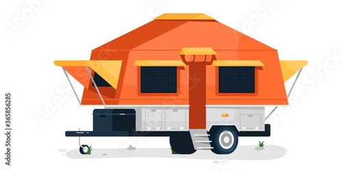 Luxury camping trailer. Isolated comfortable camper vehicle mobile home. Vector RV camping trailer transport for travel and vacation journey