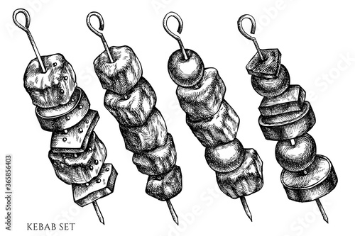 Vector set of hand drawn black and white kebab