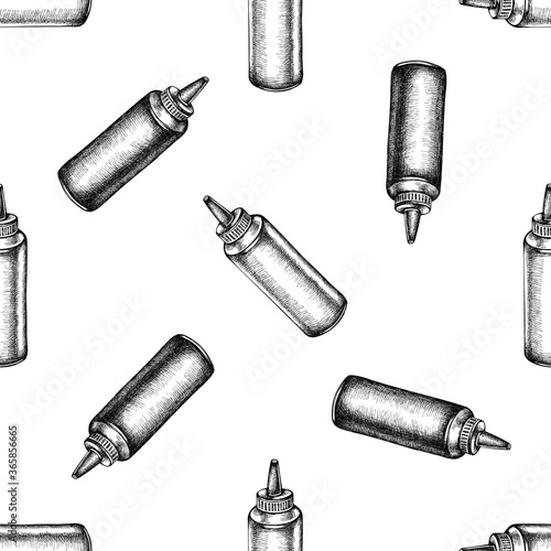 Seamless pattern with black and white sauce bottles