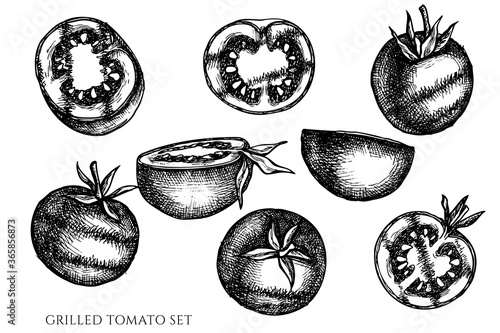 Vector set of hand drawn black and white grilled tomato