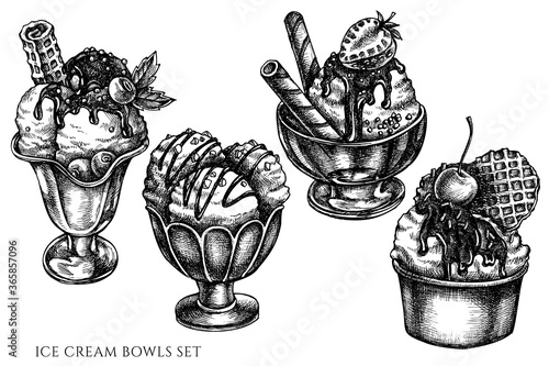 Vector set of hand drawn black and white ice cream bowls