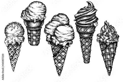 Seamless pattern with black and white ice cream cones