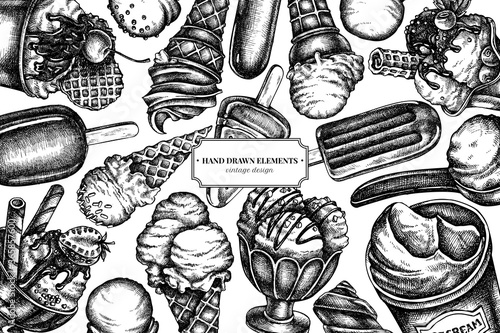 Design with black and white ice cream bowls, ice cream bucket, popsicle ice cream