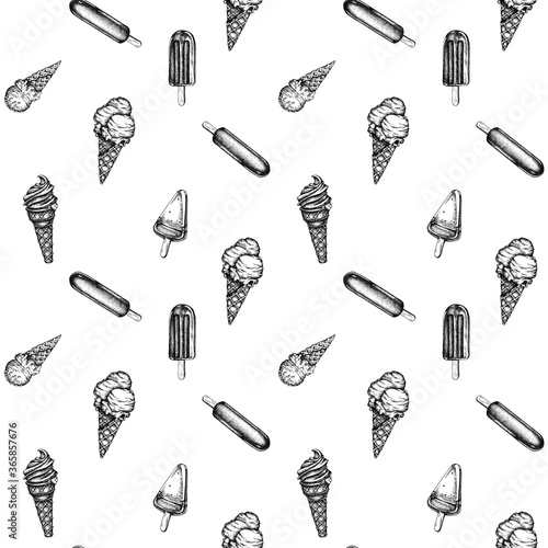 Seamless pattern with black and white popsicle ice cream, ice cream cones