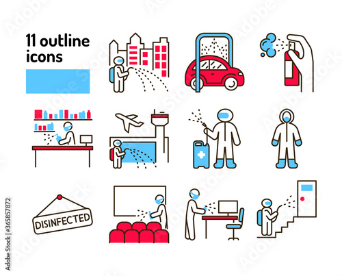 Mass disinfection color line icon. Cleaning service. Worker in protective suit with disinfector sprayer. Pictograms for web, mobile app, promo. UI UX design element