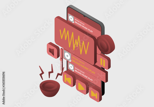 Isometric design - music play button on, speaker aktif concept music on tablet monitor , playlist sign template
