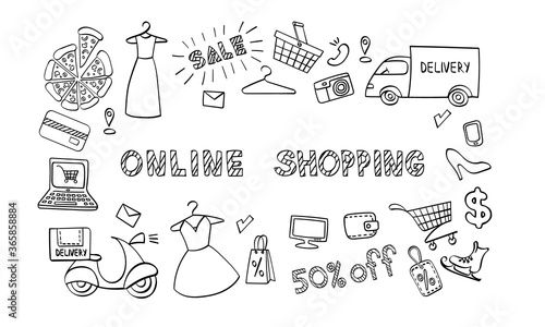 Online shopping icons set. Hand drawn e-commerce objects isolated on white background. Vector illustration.