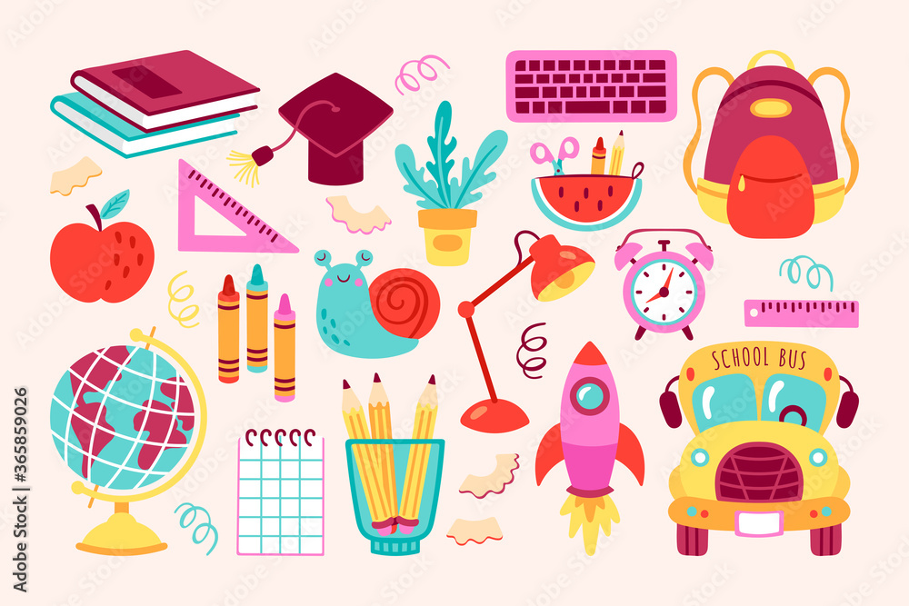 Back to school cute elements set. Childish print for cards, posters, invitations and stickers. Vector Illustration