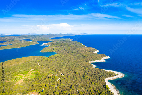 Beautiful blue seascape on the island of Dugi Otok in Croatia, aerial view from drone