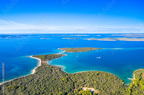 Beautiful blue seascape on the island of Dugi Otok in Croatia, aerial view from drone