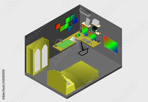 Isometric - concept interior graphic designer concept RGB on monitor tablet , house template sign business
