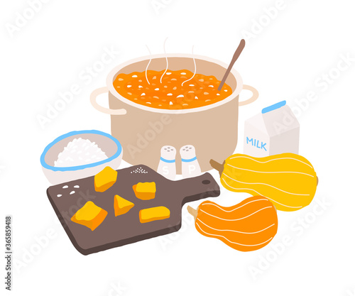 Rice porridge with pumpkin. Recipe. Cutting Board with pumpkin pieces. A pot of porridge. Vector illustration in flat style.