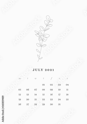 07 of 13 - JULY Month, Flowers Line Art Calendar 2021 Year. Floral Illustrations Clean and Simple Calendar 2021 Design Vector Template Set. Printable and Editable Desk Planner 2021.